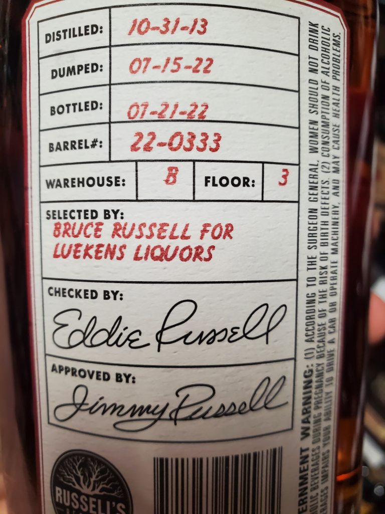 Russells Private Barrel Selection Single Barrel Back Label - Luekens ...